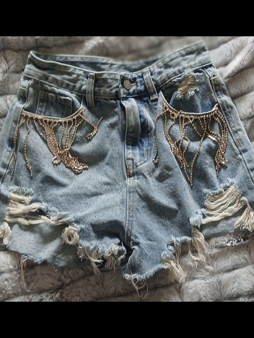 Cider Light Blue Distressed Denim Shorts with Sequin Trim